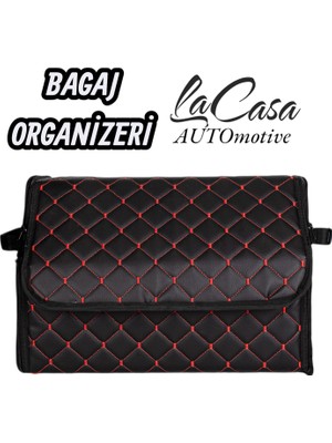 Lacasa Automotive Oto Bagaj Organizeri Kapitone Deri Çanta SİYAH-Kırmızı RENK(40CM)