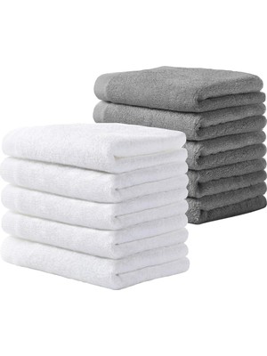 Gri ve Beyaz El Yüz Havlusu Seti 10’lu Yumuşak Pamuklu Havlu, 30X50 cm Spor Mutfak Misafir Havlusu