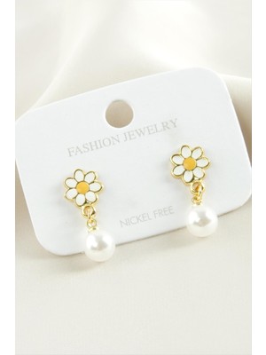 Zengezur Papatya Mineli Inci Küpe-Sarı