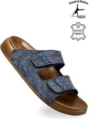 Erkek Çift Cırtlı Deri Terlik – Esnek Tabanlı Rahat Günlük Terlik C Lacivert