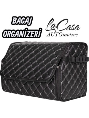 Lacasa Automotive Oto Bagaj Organizeri Kapitone Deri Çanta Siyah-Gri RENK(40CM)