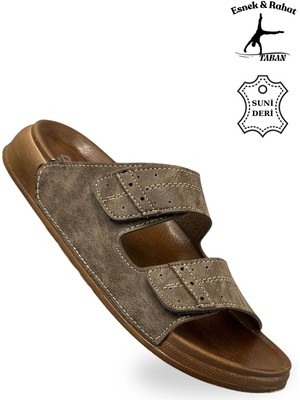 Erkek Çift Cırtlı Deri Terlik – Esnek Tabanlı Rahat Günlük Terlik C Vizon