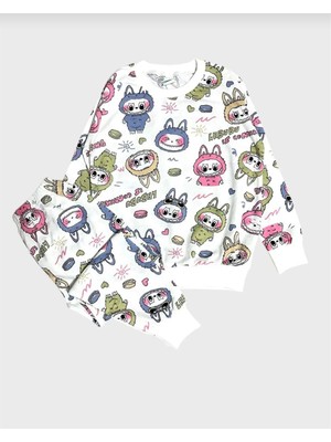 Döne Gözübek Labubu Desenli Çocuk Pijama Takımı Alt Üst Uzunkollu