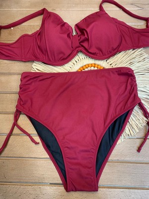 Xorvio Kadın Bordo Likralı Esnek Şık Rahat Büyük Beden Telli Balenli Toparlayıcı Yüksek Bel Bikini Takım
