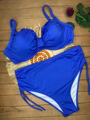 Xorvio Kadın Mavi Likralı Esnek Şık Rahat Büyük Beden Telli Balenli Toparlayıcı Yüksek Bel Bikini Takım