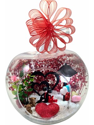 Teraryum Sukulentler Kırmızı Aşk Bahçesi Elma Cam Fanus Sevgiliye Hediye Sevgililer Günü Işıklı