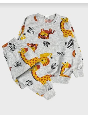 Pamuklu Gri Aslan Zürafa Desenli Uzun Kollu Mevsimlik Pijama Takımı