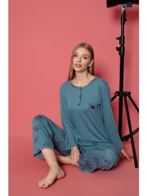  kadın Petrol Mavi Düğmeli Sıfır Yaka Desenli Pamuklu Interlok Kumaş Uzun Kol Pijama Takımı