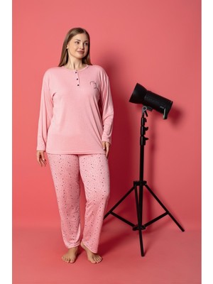 Kadın Şeker Pembe Düğmeli Sıfır Yaka Düz Pamuklu Bambu Kumaş Uzun Kol Pijama Takımı