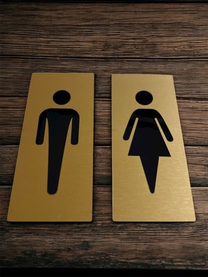 Kadın ve Erkek Ikonlu Wc Tabelası Kendinden Yapışkanlı Yönlendirme Levhası 20X10 cm Gold- Fırça