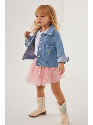 Miniğimin Cicileri Simli Yıldız Detaylı Kot Ceketli Tütü Etekli Kız Çocuk takım  - pudra