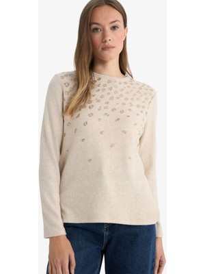 DeFacto Regular Fit Bisiklet Yaka Taş Detaylı Uzun Kollu Tişört E9895AX25AU