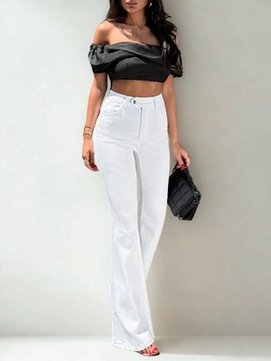 Kadın Yüksek Bel Likralı Ispanyon Paça Jeans Kot Pantolon Beyaz