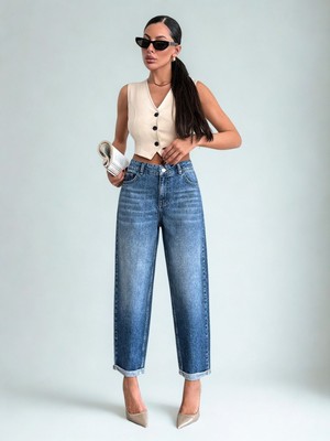 Polo State Kadın Mom Fit Bilek Boy Cepli Kot Pantolon Mavi Denim Yüksek Bel Bol Paça