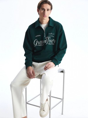 Xsıde Yeşil Dik Yaka Uzun Kollu Baskılı Erkek Sweatshirt