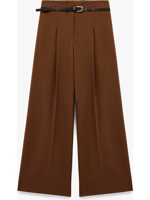 Pileli Kemerli Geniş Paça Palazzo Kumaş Pantolon