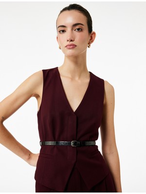 Kruvaze Kemer Detaylı Blazer Yelek