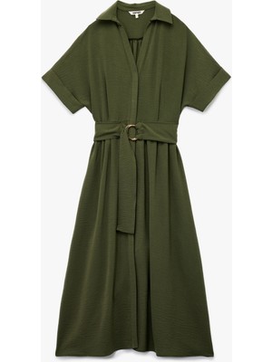 Aerobin Kumaş Kısa Kollu Kemerli Midi Boy Gömlek Elbise