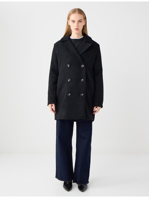 Jimmy Key Siyah Düz Kesim Ceket Yaka Cep Detaylı Kaşe Kaban