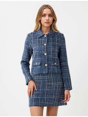 Jimmy Key Lacivert Ekose Desenli Gömlek Yaka Düğme Detaylı Ceket