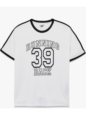 Kısa Kollu Bisiklet Yaka Renk Kontrastlı Baskılı Rahat Kesim Spor Tişört