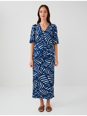 Jimmy Key Lacivert Normal Bel Düz Kesim Desenli Dokuma Midi Etek