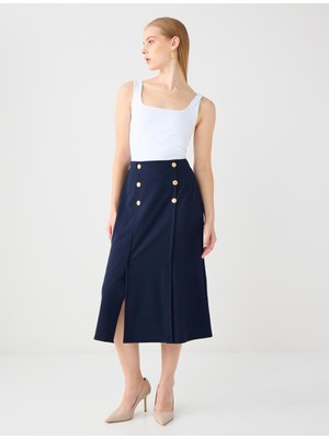 Jimmy Key Lacivert Düz Kesim Düğme Detaylı Örme Midi Etek