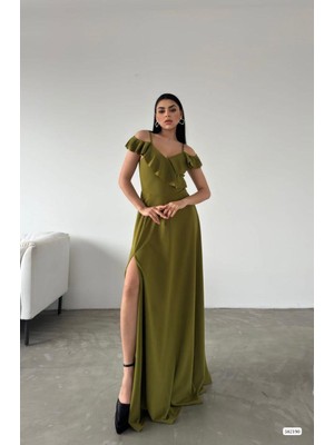 Moda Feminen Askılı Omuz Fırfırlı Yırtmaçlı Abiye Elbise 582190 Fistik Yeşil