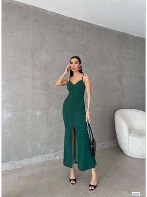 Moda Feminen Ithal Krep Kumaş Ince Askılı Düğme Detay Elbise 582053 Yeşıl