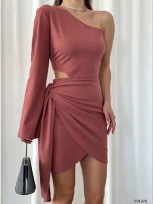 Moda Feminen Asimetrik Kesim Eteği Bağlamalı Ithal Krep Kumaş Tek Kol Elbise 581975 Gülkurusu