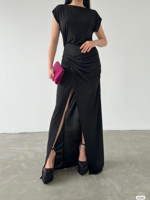 Moda Feminen Bel Büzgülü Yırtmaçlı Uzun Sandy Elbise 582885 Siyah