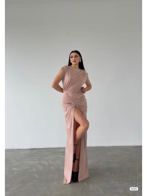 Moda Feminen Bel Büzgülü Yırtmaçlı Uzun Sandy Elbise 582885 Pudra