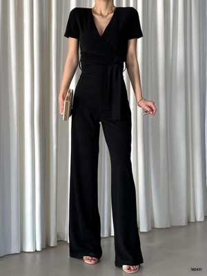 Moda Feminen Kruvaze Yaka Kuşaklı Krep Kumaş Tulum 582431 Siyah