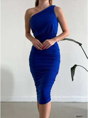Moda Feminen Tek Omuz Scuba Krep Elbise 582617 Saks