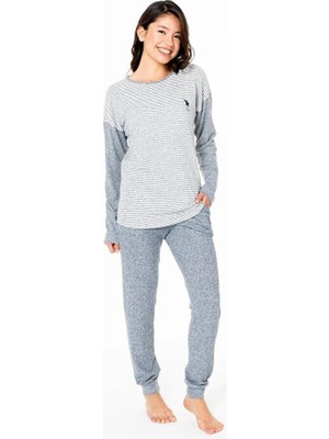 Kadın Lacivert Melanj Renk Uzun Kollu Lastikli Paça Pijama Takımı C9T2N102