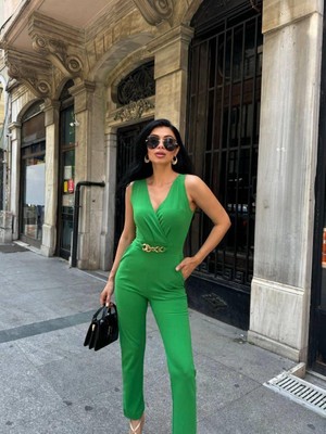Moda Feminen Ithal Krep Kumaş Zincir Detaylı Tulum 582407 Yeşil