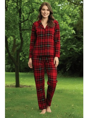 Kadın Önden Düğmeli Süet Ekose Kırmızı Pijama Takımı – Kış Koleksiyonu 0665