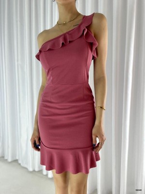 Moda Feminen Tek Omuz Detay Volanlı Krep Kumaş Elbise 582446 Gülkurusu