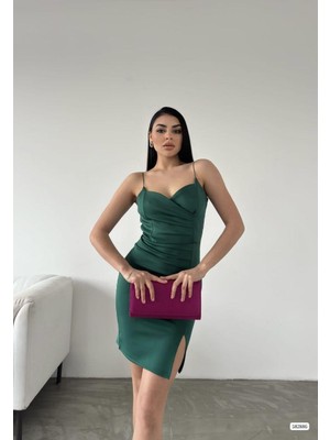 Moda Feminen Yırtmaç Detaylı Scuba Kumaş Kadın Mini Elbise 582886 Zumrut