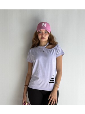 Kadın Bisiklet Yaka Omuz Dekolteli Yırtık Detaylı Basic Tişört