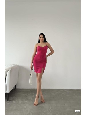 Moda Feminen Yırtmaç Detaylı Scuba Kumaş Kadın Mini Elbise 582886 Fuşya