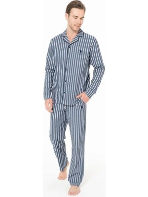 Erkek Lacivert Renk Düğmeli Yaka Uzun Kollu Düz Paça Çizgili Önden Düğmeli Pijama Takımı C8T7N981