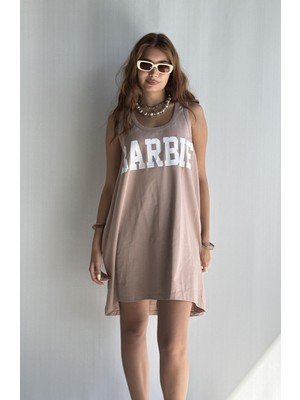 Kadın Yuvarlak Derin Yaka Baskı Detaylı Kalın Askılı Oversize Elbise