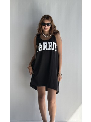 Kadın Yuvarlak Derin Yaka Baskı Detaylı Kalın Askılı Oversize Elbise