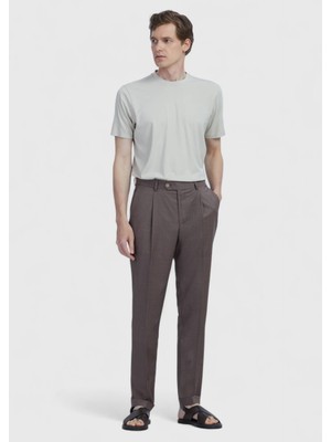 Açık Kahve Düz Kumaş Slim Fit Casual %100 Yün Pantolon