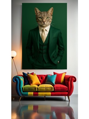 Yeşil Takım Elbiseli Kedi V1 Ev Duvar Salon Güzellik Salonu Ofis Dükkan Dekarasyon Kanvas Tablo