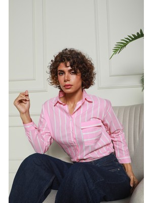 Çizgili Pembe Tek Cepli Dokuma Gömlek 1500042