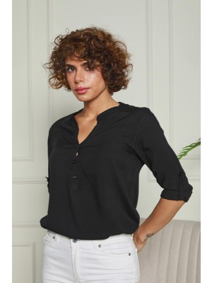 Siyah Hakim Yaka Yarım Patlı Viskon Gömlek 1500064