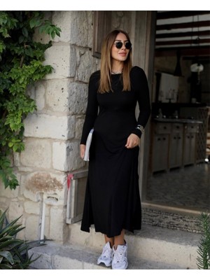 Tua Moda Kadın Uzun Kollu Bisiklet Yaka Arkası Çapraz Detaylı Viskon Iki Iplik Maxi Elbise