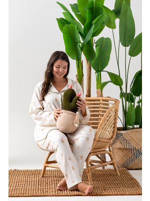 Uzun Kol Gömlek Yaka Kadın Pinterest Pijama Takımı - Mevsimlik Kadın Pijama- Büyük Beden